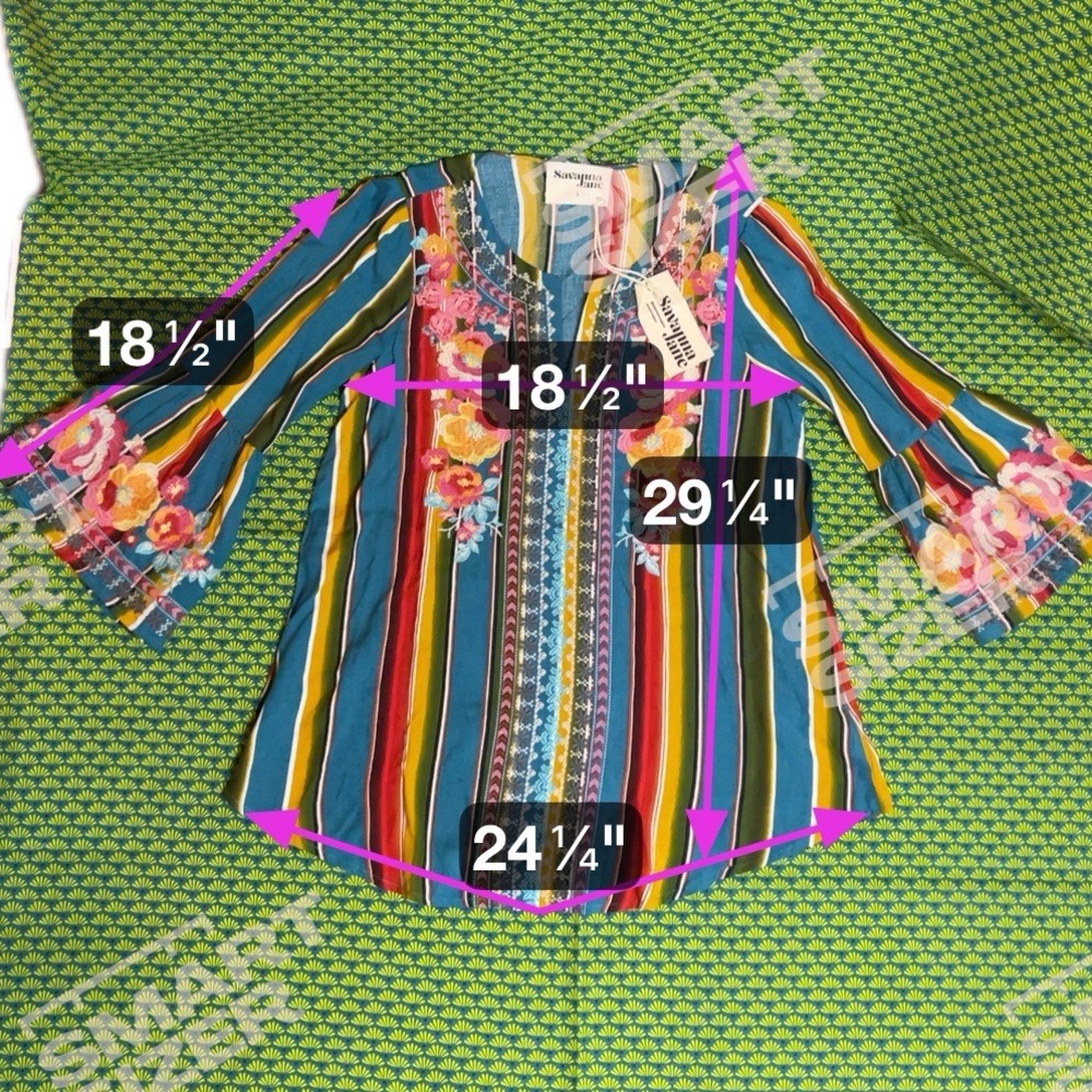 Savanna Jane Embroidered Blouse bell sleeves boho hippie turquoise colorful SZ S - Picture 10 of 11